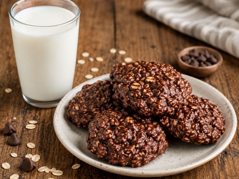 Chewy no bake chocolate oatmeal cookies with milk