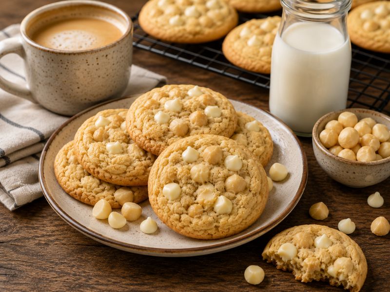 White chocolate macadamia nut cookies served with coffee and milk