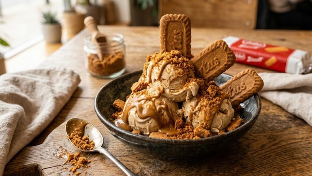 Creamy homemade biscoff ice cream with Lotus Biscoff cookies