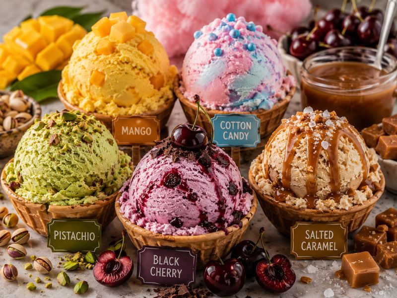 Different ice cream flavors in colorful bowls