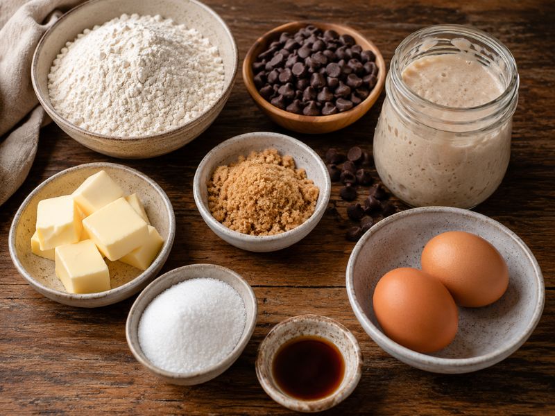 Ingredients for sourdough chocolate chip cookies