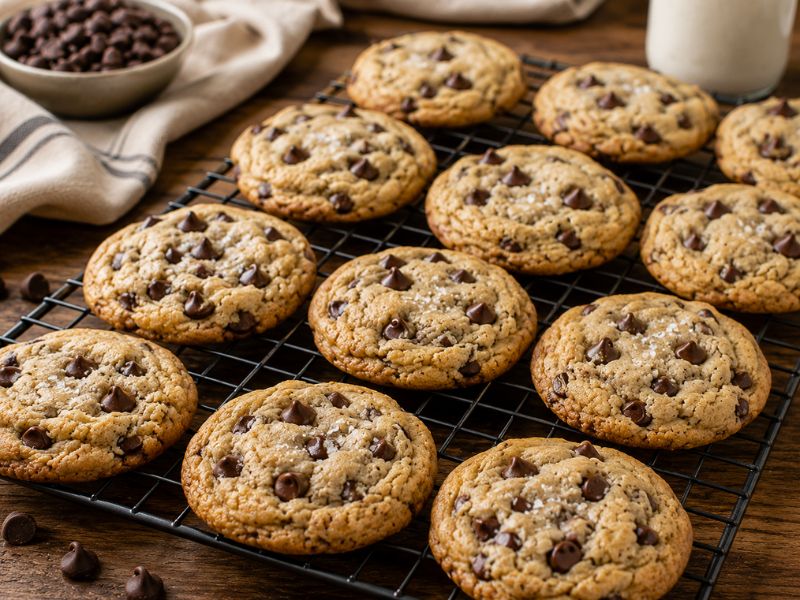 Freshly baked sourdough chocolate chip cookies cooling