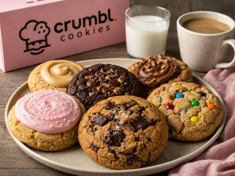 Fresh Crumbl cookies served with milk and coffee for a delicious dessert