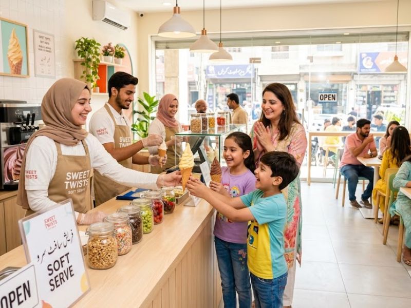 Clean ice cream shop serving fresh creamy soft serve