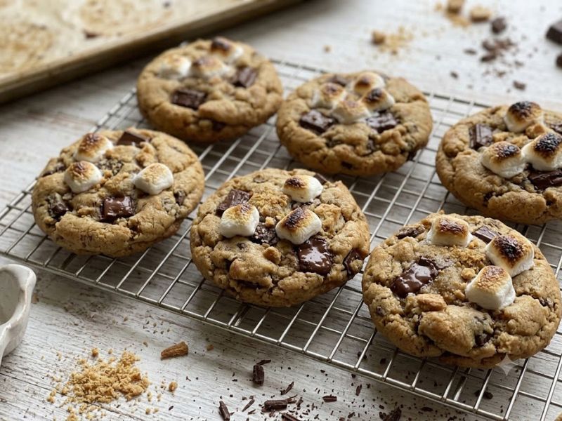 Freshly baked s'mores cookies cooling on a wire rack