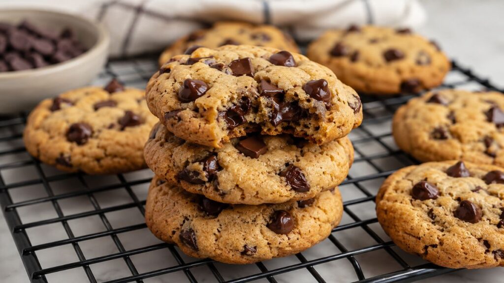 Gluten free chocolate chip cookies on a cooling rack