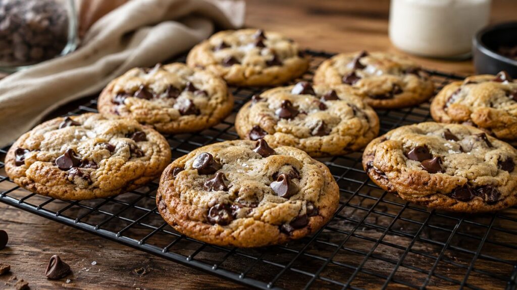 Freshly baked sourdough chocolate chip cookies on a cooling rack