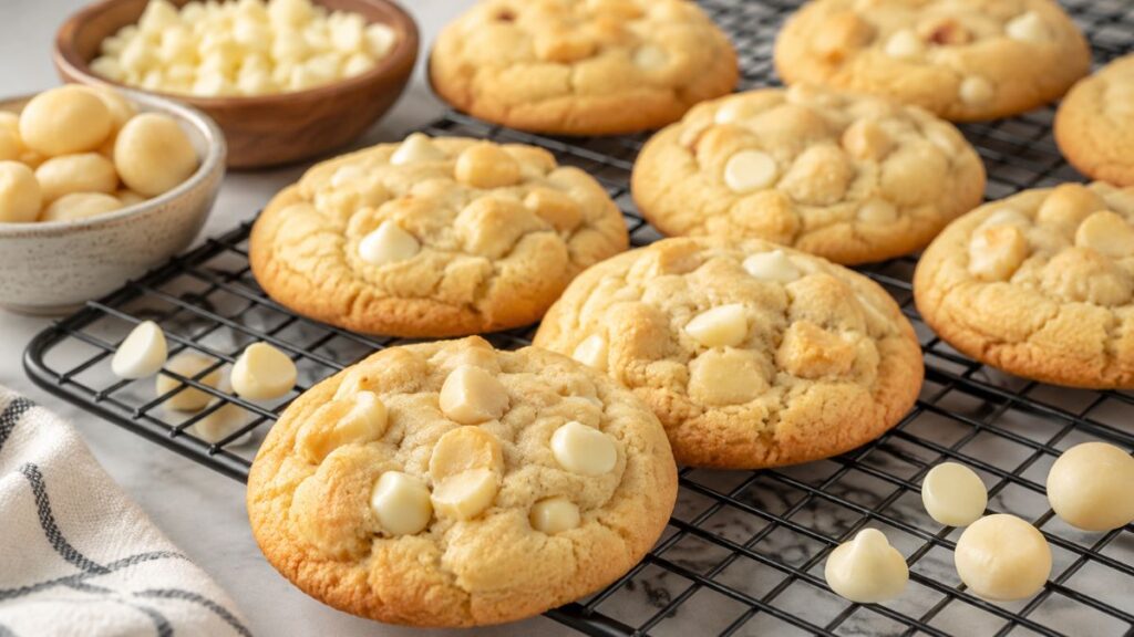 Freshly baked white chocolate macadamia nut cookies