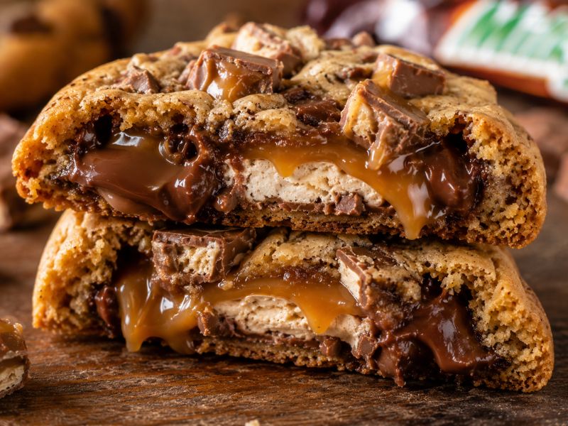 Soft cookie with melted caramel and chocolate filling