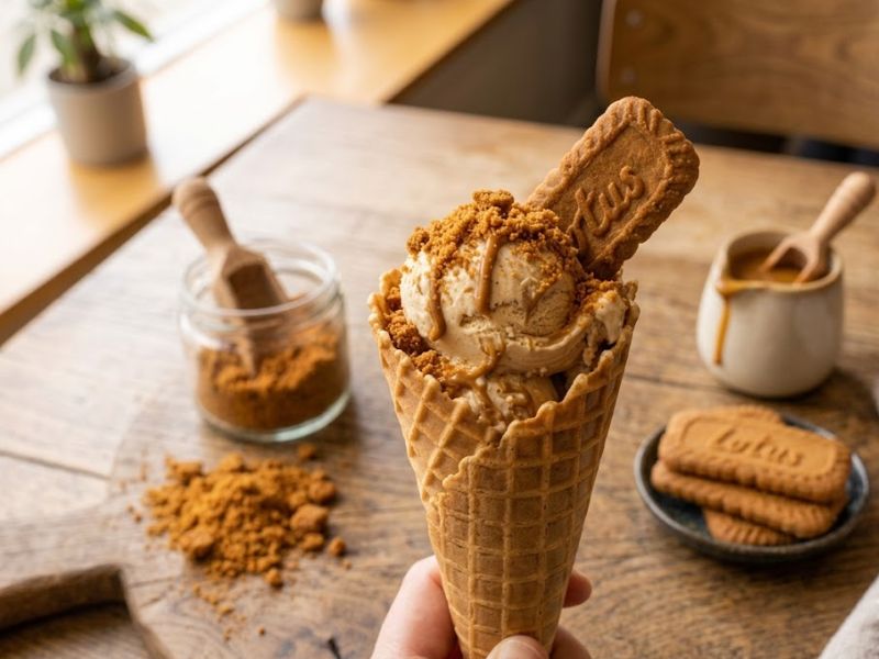 Serving homemade lotus biscoff ice cream with desserts