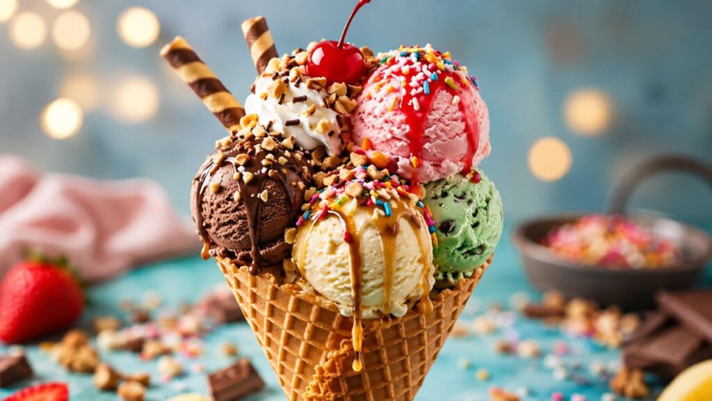 ice cream cone with colorful ice cream scoops