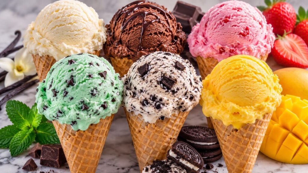 Colorful ice cream flavors served in waffle cones