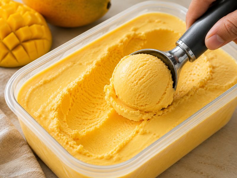 Scooping homemade Propitious Mango Ice Cream