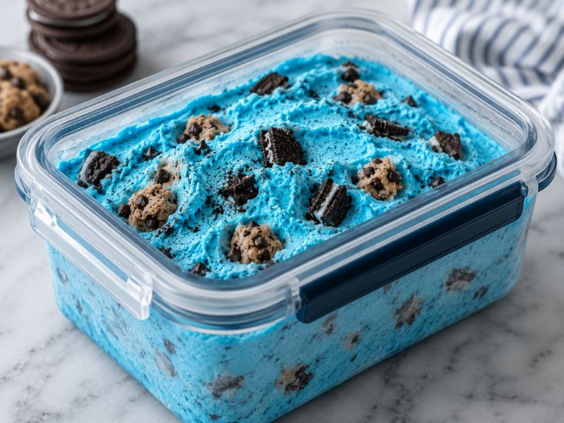 Storing homemade cookie monster ice cream in an airtight container