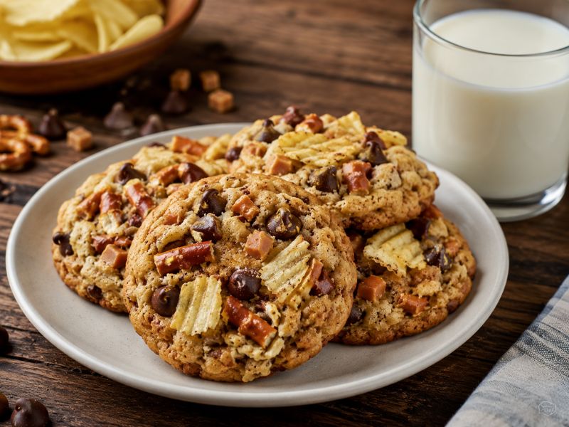 Homemade kitchen sink cookies served with milk