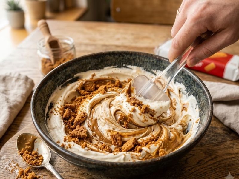 Making homemade biscoff ice cream recipe