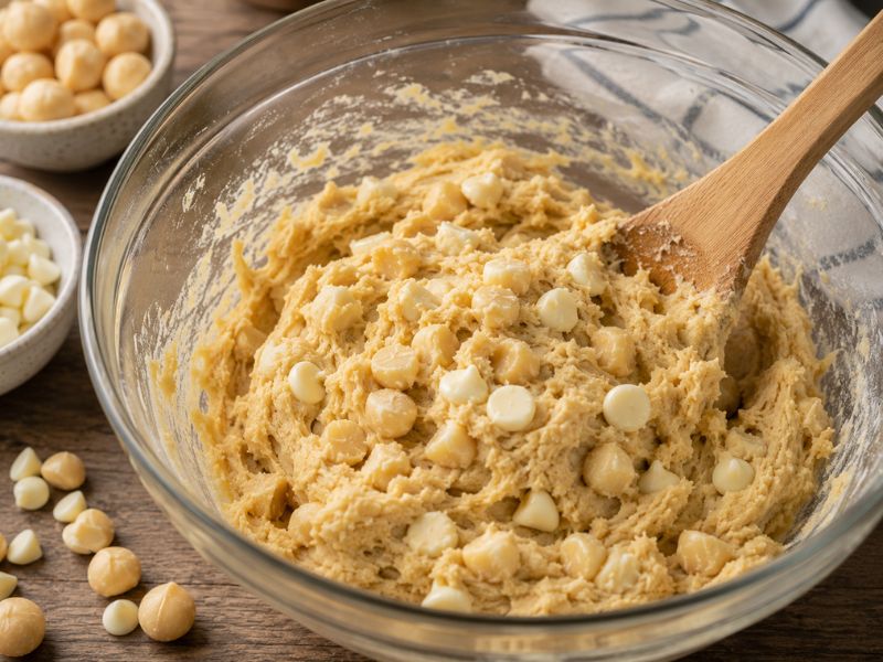 Mixing dough for white chocolate macadamia nut cookies
