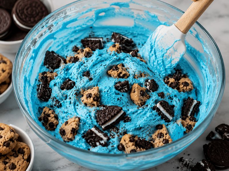 Mixing cookie monster ice cream before freezing