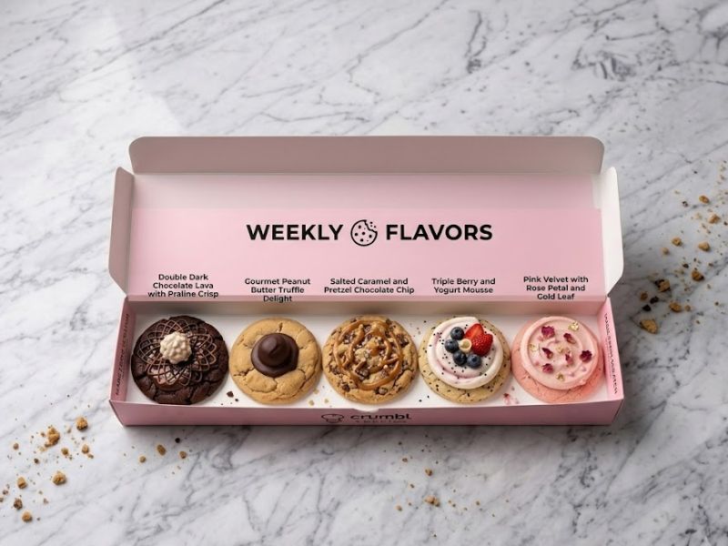 Popular Crumbl cookies flavors including chocolate, fruit, and frosted cookies