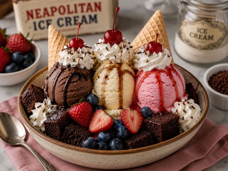 Serving Neapolitan Ice Cream with dessert toppings