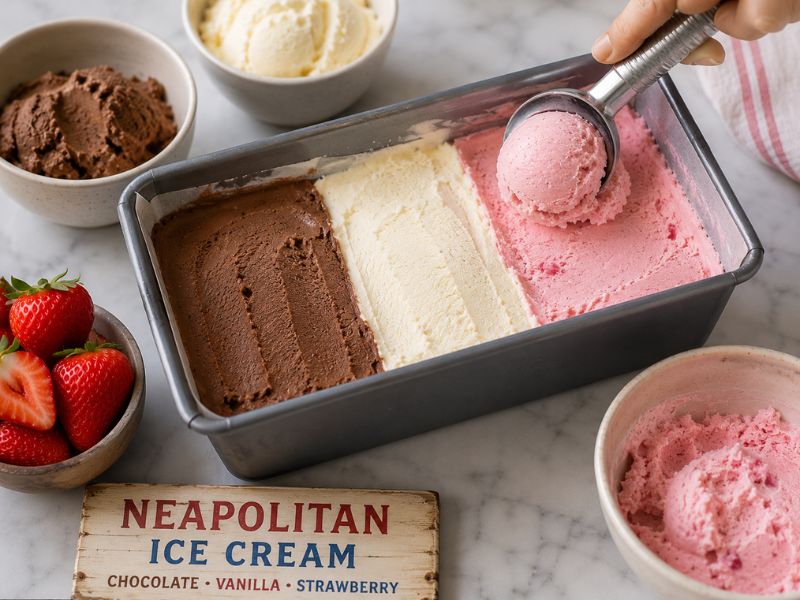 Layering homemade Neapolitan Ice Cream