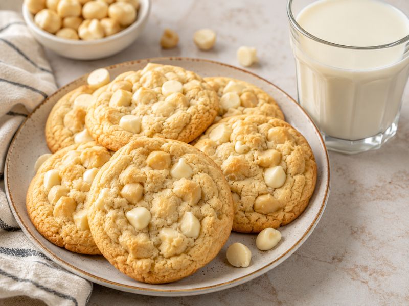 Soft white chocolate macadamia nut cookies with milk