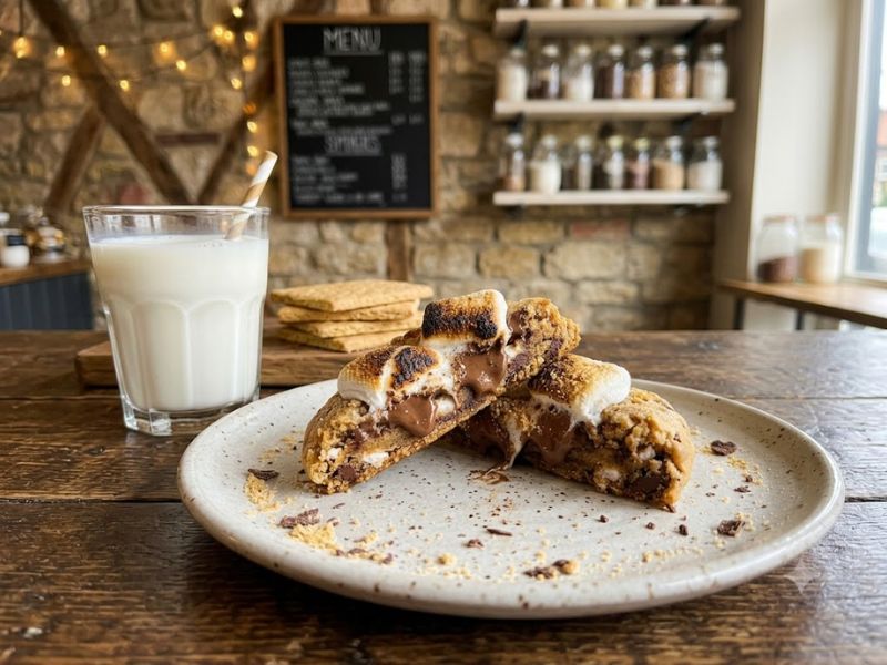 Homemade s'mores cookies served with milk