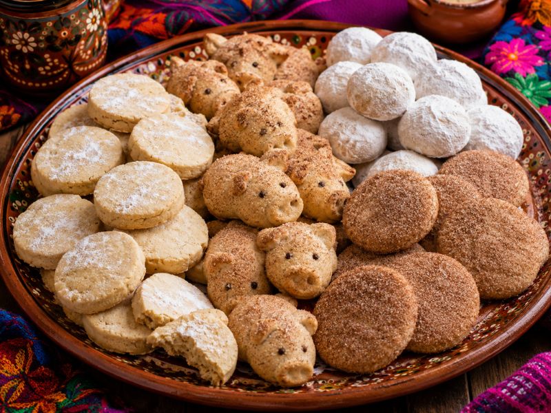 Popular traditional Mexican cookies including polvorones and marranitos