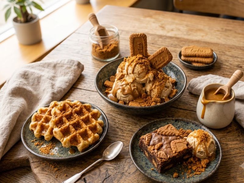 Serving homemade lotus biscoff ice cream with desserts