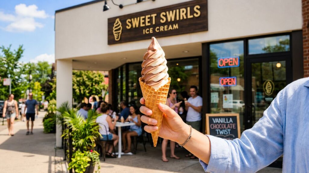 Soft serve ice cream near me in a crispy waffle cone