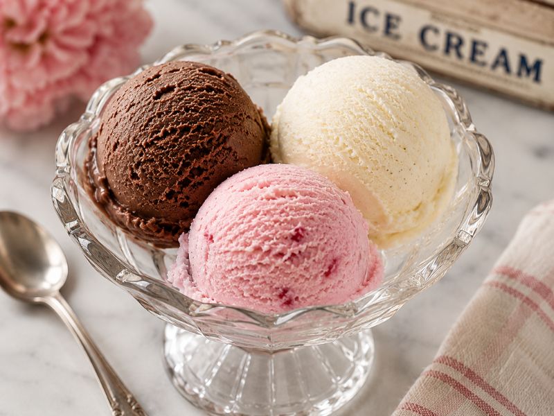 Chocolate Vanilla Strawberry Ice Cream served together