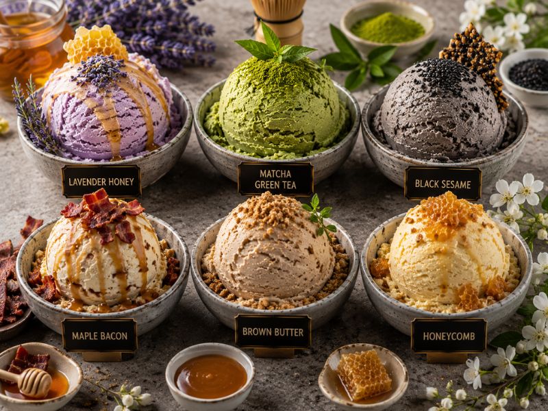 Unique ice cream flavors served in colorful bowls