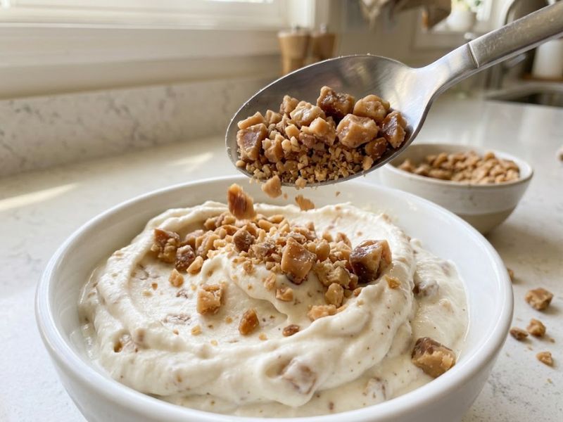Adding toffee pieces to Butter Brickle Ice Cream