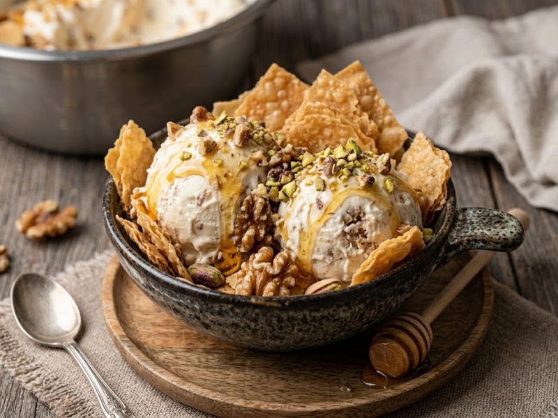 Baklava Ice Cream topped with honey and nuts