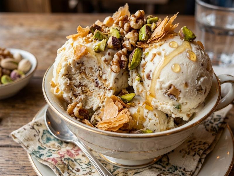baklava ice cream with phyllo and toasted nuts