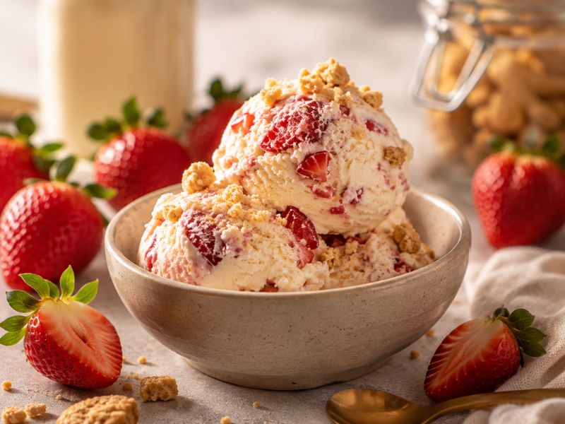 Creamy homemade strawberry shortcake ice cream ready to serve
