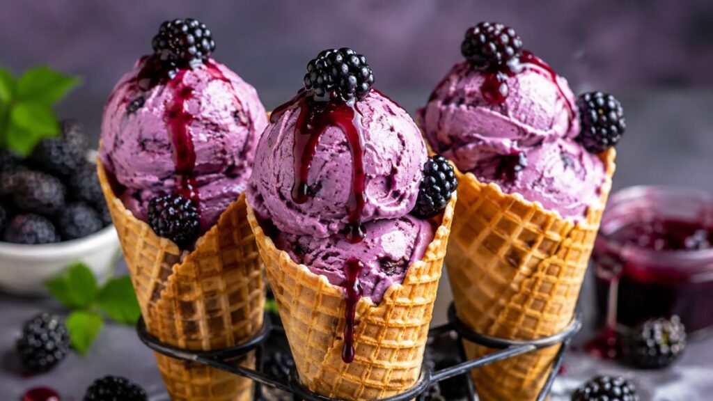 Homemade blackberry ice cream scoops served with fresh blackberries