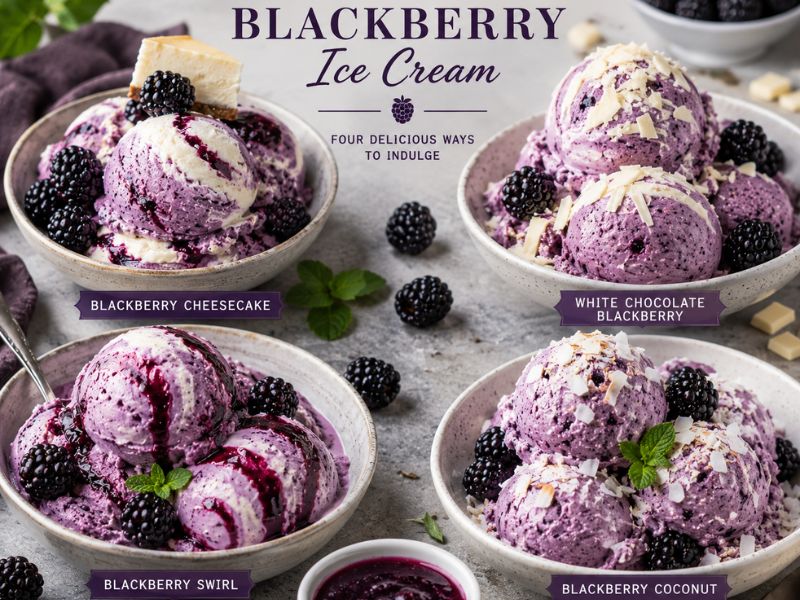 Different blackberry ice cream variations with complementary toppings