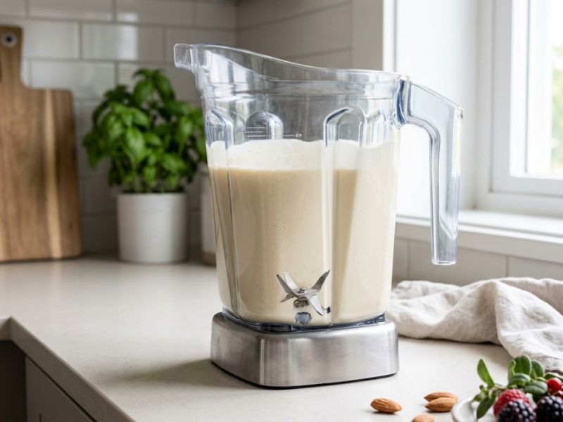 blended protein ice cream mixture in a blender