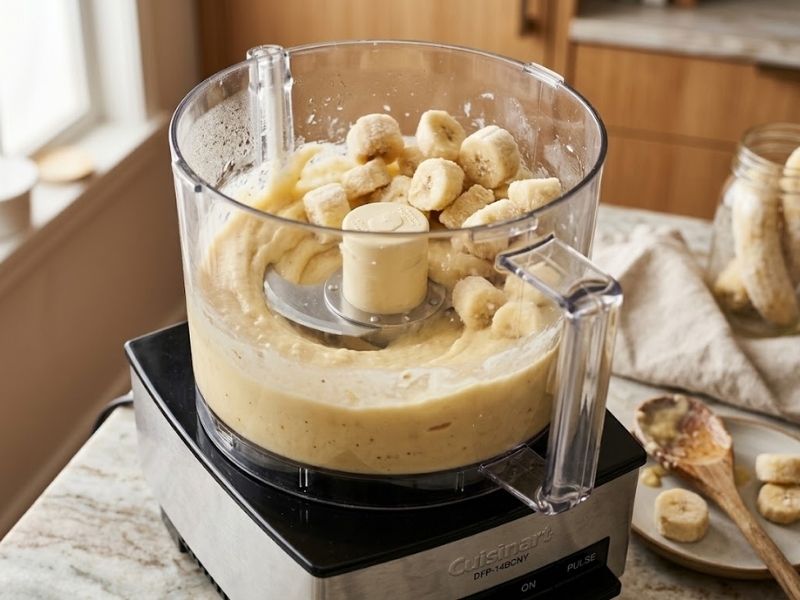 Blending frozen bananas into a creamy ice cream mixture