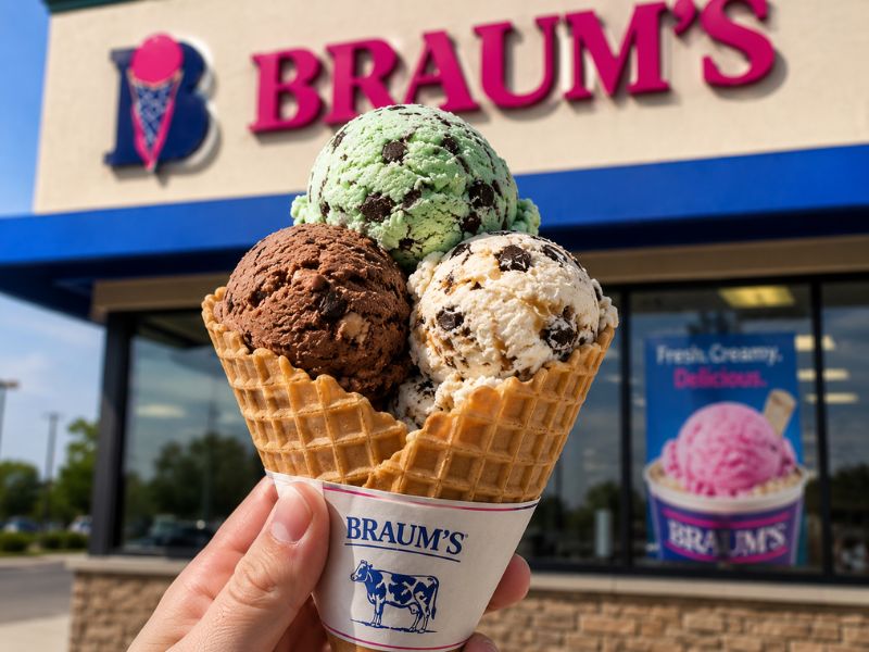 Braum's ice cream cones including waffle, sugar, and cake cones
