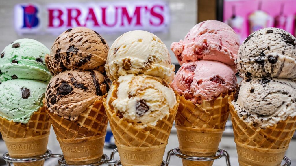 Braum's ice cream flavors featuring chocolate, vanilla, strawberry, and cookies & cream