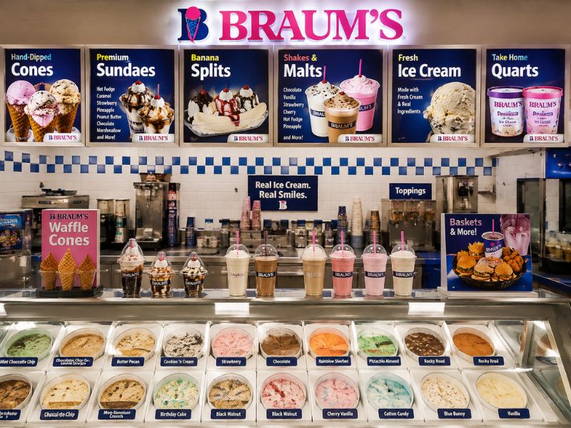 Braum's ice cream menu with hand-dipped scoops and frozen treats