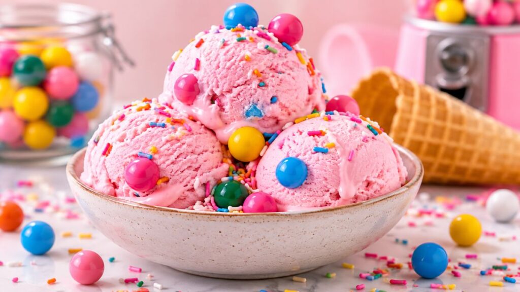 Bubble gum ice cream with colorful gumballs and sprinkles