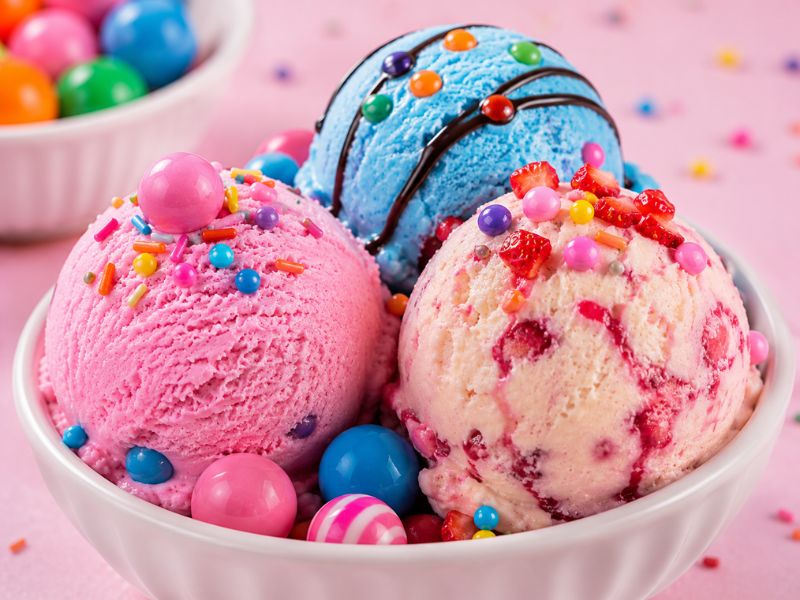 Colorful bubble gum ice cream flavors and toppings