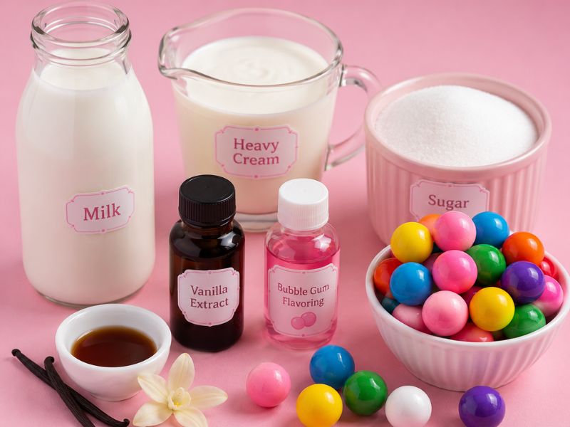Ingredients for homemade bubble gum ice cream