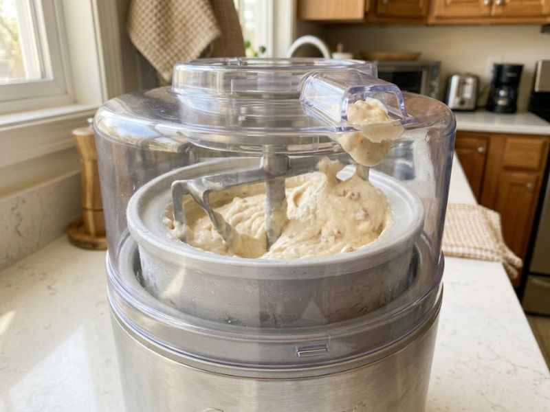 Butter Brickle Ice Cream churning in an ice cream maker