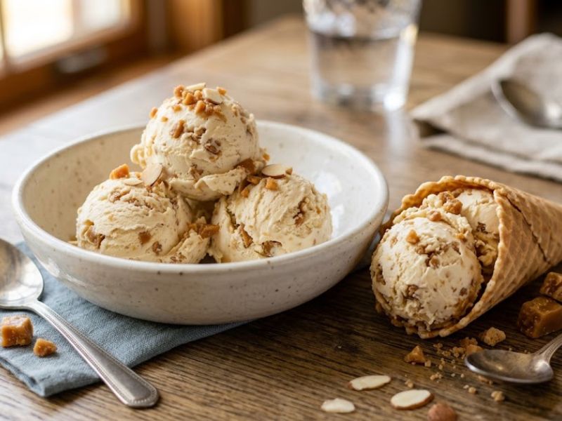 Butter Brickle Ice Cream served with toffee pieces