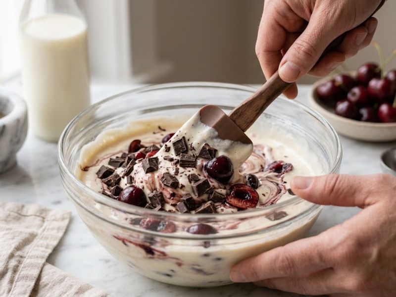 cherry and chocolate mixed into ice cream