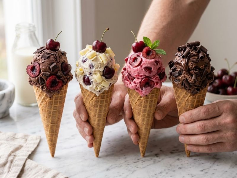 Cherry Cordial Ice Cream variations with chocolate and cherries